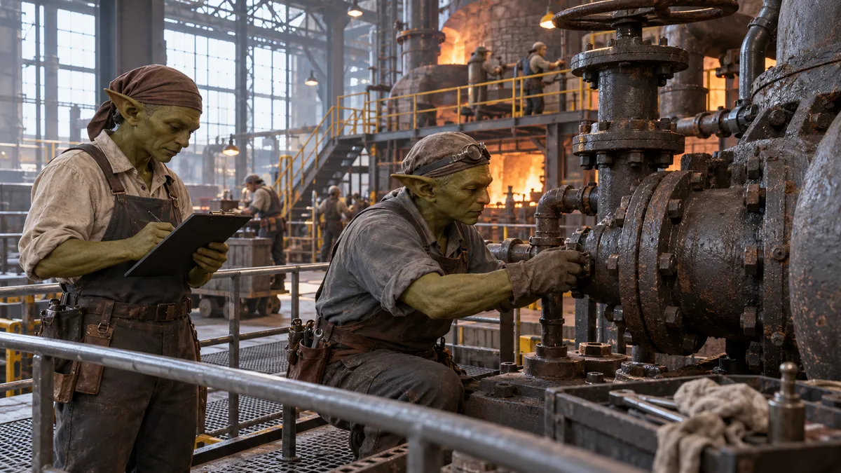Goblin workers inspecting foundry machinery.